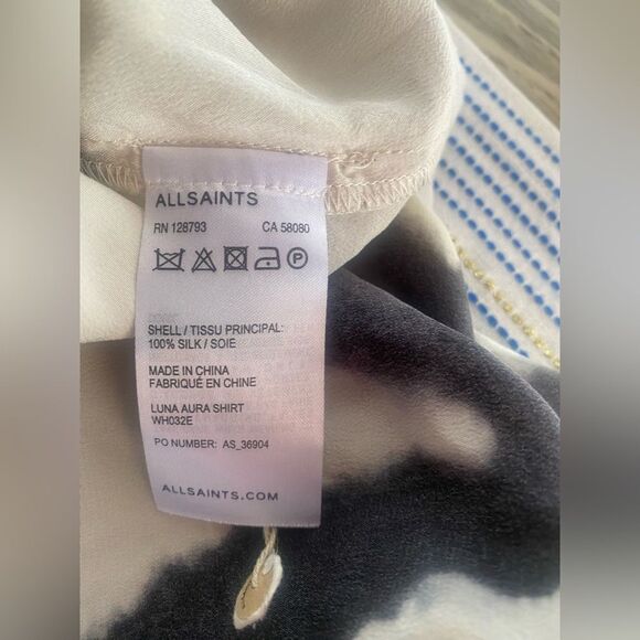 AllSaints 100% Silk Cream/Black Luna Aura Shirt Sleeveless  Button Dress Size 6 - Picture 9 of 12